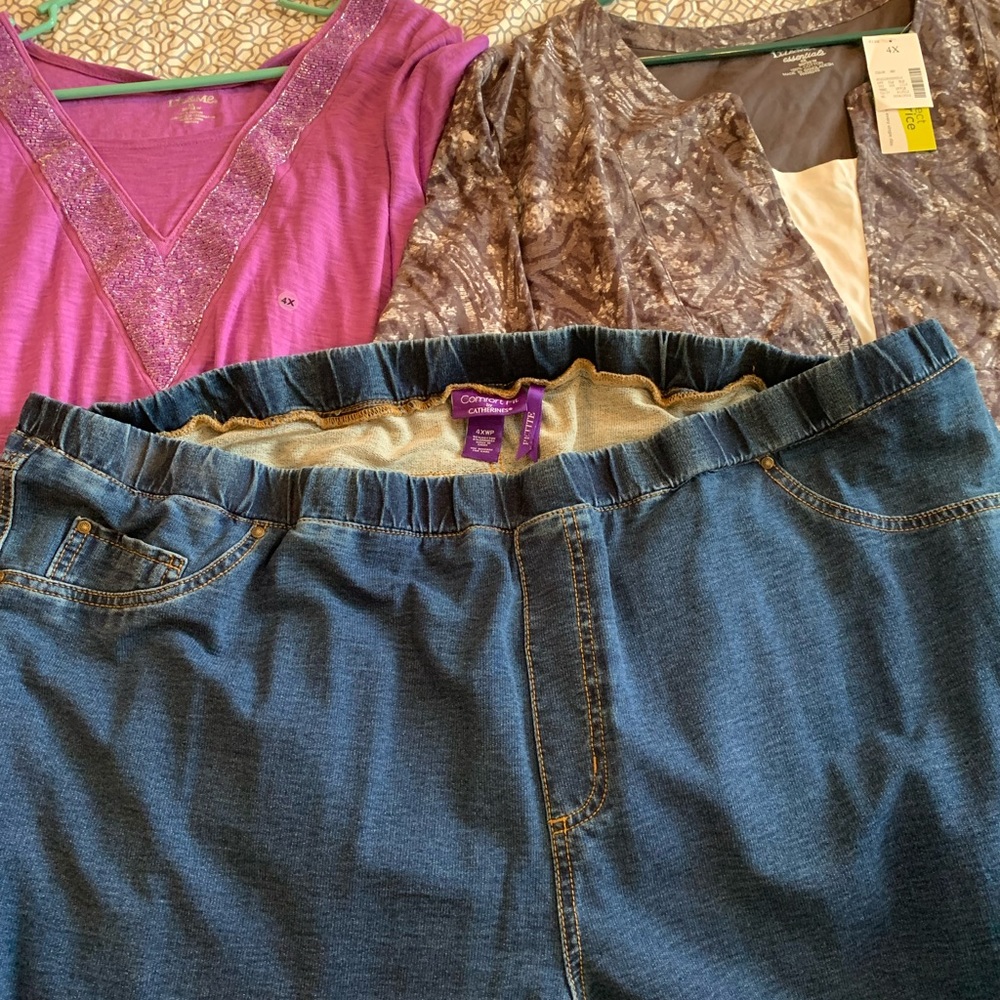 One price for all 3 items. Shirts Liz & Me both are 4x,jeans are Catherines 4xwp
